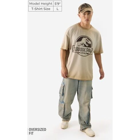 The Souled Store Official Jurassic Park Logo Men And Boys Short Sleeves Round Neck Beige Graphic Printed Cotton Oversized T-Shirts