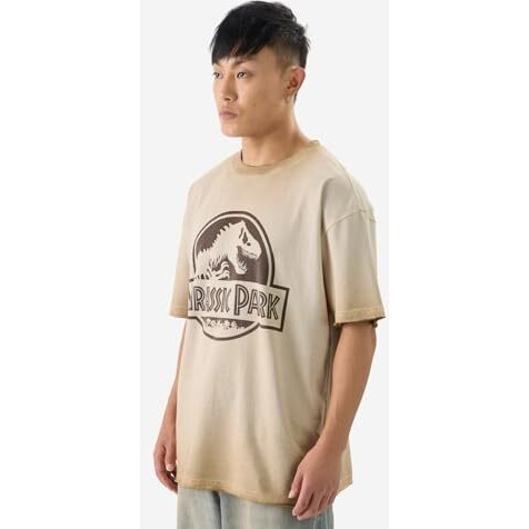 The Souled Store Official Jurassic Park Logo Men And Boys Short Sleeves Round Neck Beige Graphic Printed Cotton Oversized T-Shirts