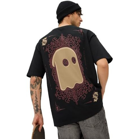 The Souled Store The King Oversized T-Shirt For Men Boys Cotton Casual Half Sleeves Baggy Loose Fit Drop Shoulder Round Neck Black