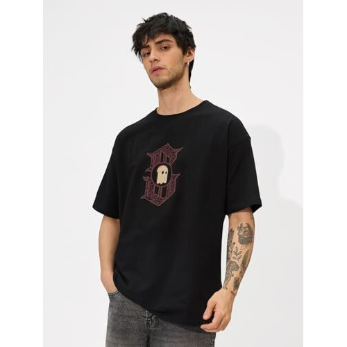 The Souled Store The King Oversized T-Shirt For Men Boys Cotton Casual Half Sleeves Baggy Loose Fit Drop Shoulder Round Neck Black