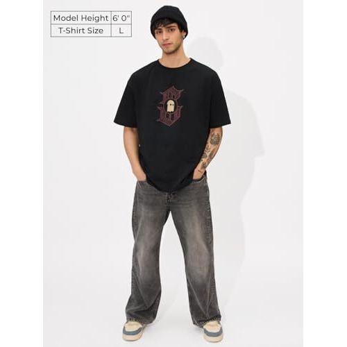The Souled Store The King Oversized T-Shirt For Men Boys Cotton Casual Half Sleeves Baggy Loose Fit Drop Shoulder Round Neck Black
