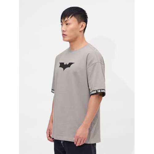 The Souled Store Official Batman Logo Men And Boys Short Sleeves Round Neck Grey Graphic Printed Cotton Oversized T-Shirts