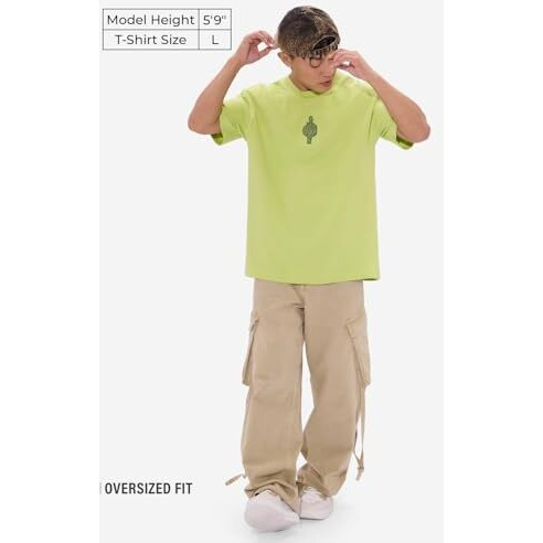 The Souled Store Cactus Men And Boys Short Sleeves Round Neck Green Embroidery Cotton Oversized T-Shirts