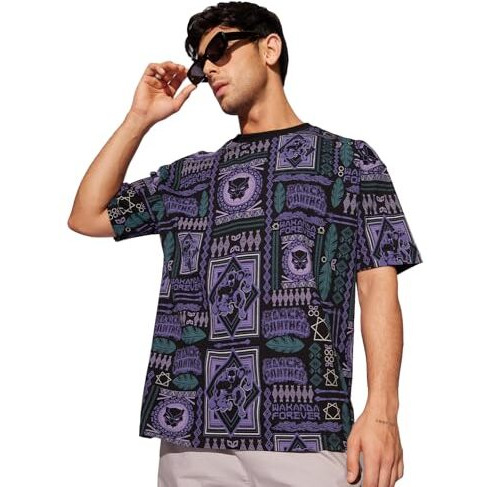 The Souled Store Official Black Panther Wakanda Tribe Men And Boys Short Sleeves Round Neck Black All Over Printed Cotton Oversized T-Shirts