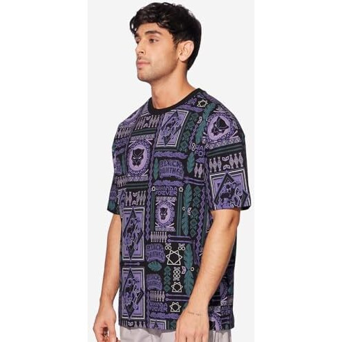The Souled Store Official Black Panther Wakanda Tribe Men And Boys Short Sleeves Round Neck Black All Over Printed Cotton Oversized T-Shirts