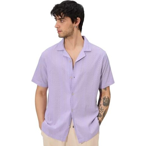The Souled Store Solids Viola Men And Boys Short Sleeves Collared Neck Button Down Solid Cotton Textured Holiday Shirts