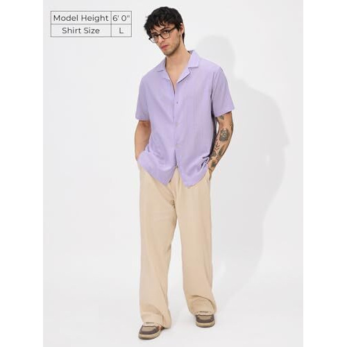 The Souled Store Solids Viola Men And Boys Short Sleeves Collared Neck Button Down Solid Cotton Textured Holiday Shirts