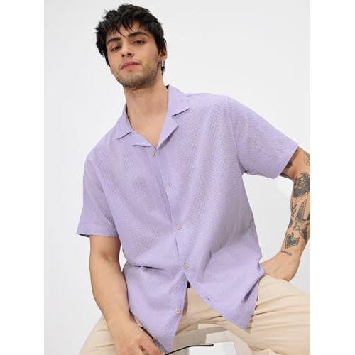 The Souled Store Solids Viola Men And Boys Short Sleeves Collared Neck Button Down Solid Cotton Textured Holiday Shirts
