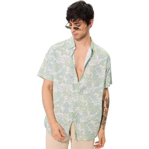 The Souled Store Botany Men And Boys Short Sleeves Collared Neck Button Front Green All Over Printed Rayon Holiday Shirts