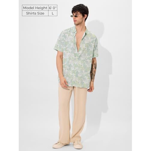 The Souled Store Botany Men And Boys Short Sleeves Collared Neck Button Front Green All Over Printed Rayon Holiday Shirts
