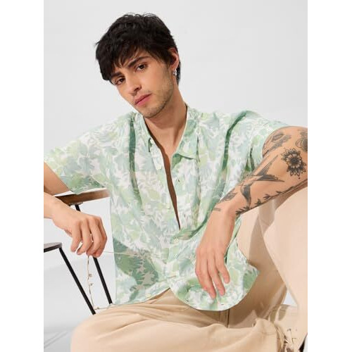 The Souled Store Botany Men And Boys Short Sleeves Collared Neck Button Front Green All Over Printed Rayon Holiday Shirts