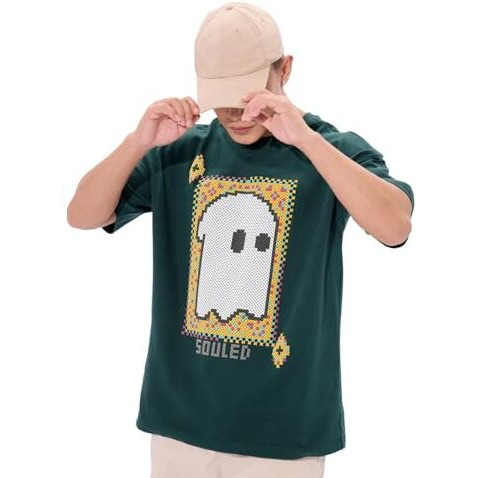 The Souled Store Soul Spirit Men And Boys Short Sleeves Round Neck Green Puff Printed Cotton Oversized T-Shirts
