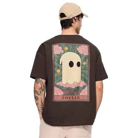 The Souled Store Poster Men And Boys Short Sleeves Round Neck Brown Graphic Printed Cotton Oversized T-Shirts