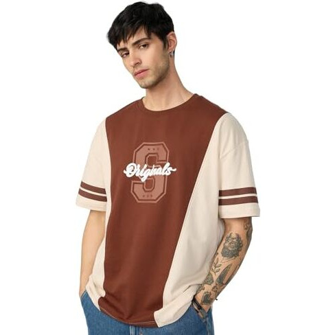 The Souled Store Colourblock T-Shirt Savanna Men And Boys Short Sleeves Round Neck Brown And Off White Cotton Oversized T-Shirts