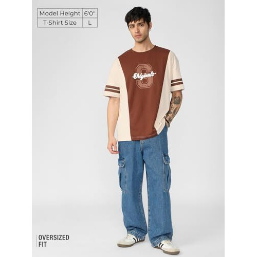 The Souled Store Colourblock T-Shirt Savanna Men And Boys Short Sleeves Round Neck Brown And Off White Cotton Oversized T-Shirts