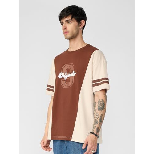 The Souled Store Colourblock T-Shirt Savanna Men And Boys Short Sleeves Round Neck Brown And Off White Cotton Oversized T-Shirts