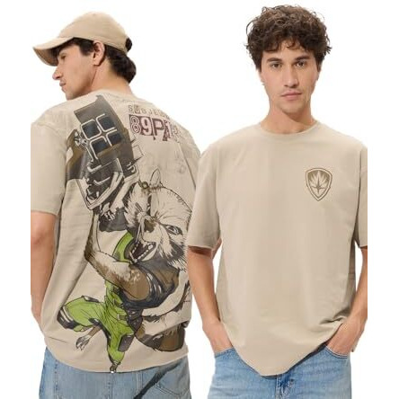 The Souled Store Official Gotg Rocket Men And Boys Short Sleeves Round Neck Brown Graphic Printed Cotton Oversized T-Shirts