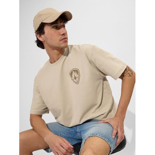 The Souled Store Official Gotg Rocket Men And Boys Short Sleeves Round Neck Brown Graphic Printed Cotton Oversized T-Shirts