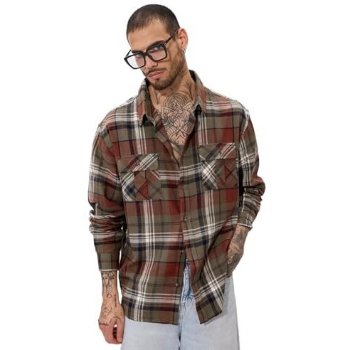 The Souled Store Plaid Originals Brown, Rust, Black Men And Boys Long Sleeve Collared Neck Regular Fit Cotton Button Down Utility Shirt