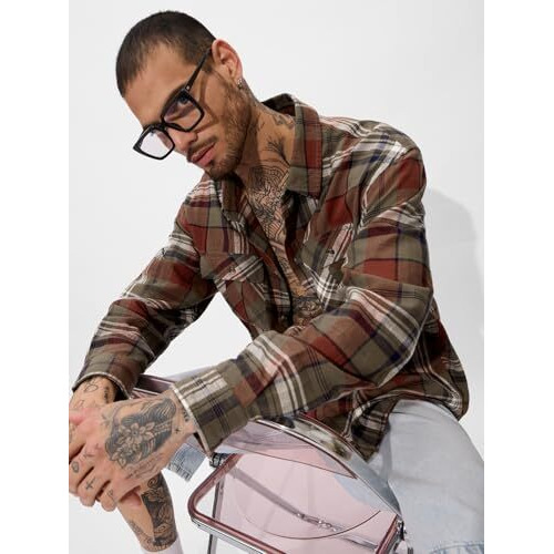 The Souled Store Plaid Originals Brown, Rust, Black Men And Boys Long Sleeve Collared Neck Regular Fit Cotton Button Down Utility Shirt