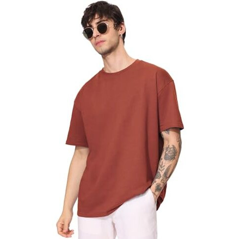 The Souled Store Solids Spicy Red Men And Boys Short Sleeves Round Neck Cotton Oversized T-Shirts