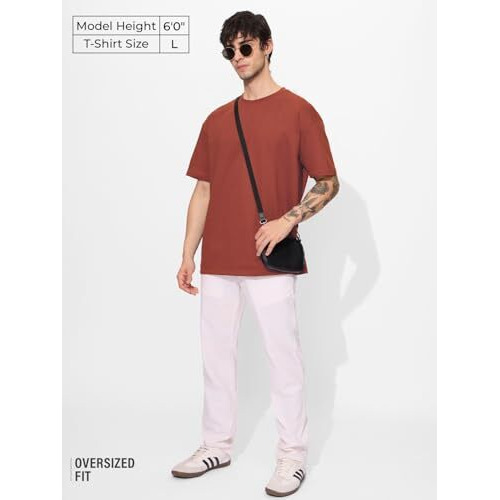 The Souled Store Solids Spicy Red Men And Boys Short Sleeves Round Neck Cotton Oversized T-Shirts
