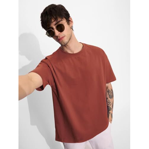 The Souled Store Solids Spicy Red Men And Boys Short Sleeves Round Neck Cotton Oversized T-Shirts