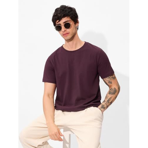 The Souled Store Official Solids Dark Red Men And Boys Short Sleeve Round Neck Graphic Printed Regular Fit Cotton T-Shirts