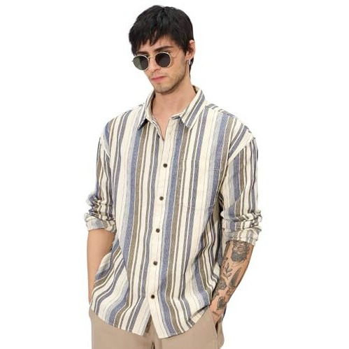 The Souled Store Stripes Cream, Blue Men And Boys Long Sleeves Collared Neck Button Front Regular Fit Textured Shirts