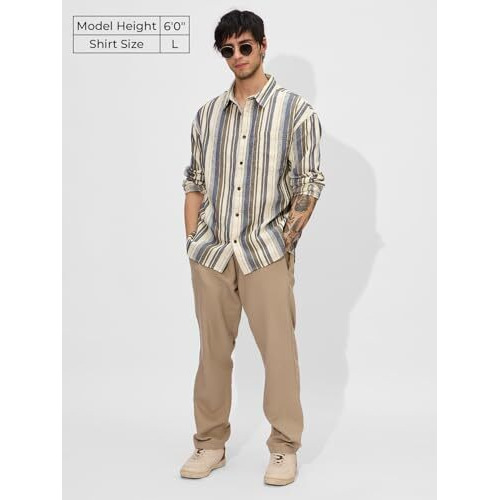 The Souled Store Stripes Cream, Blue Men And Boys Long Sleeves Collared Neck Button Front Regular Fit Textured Shirts