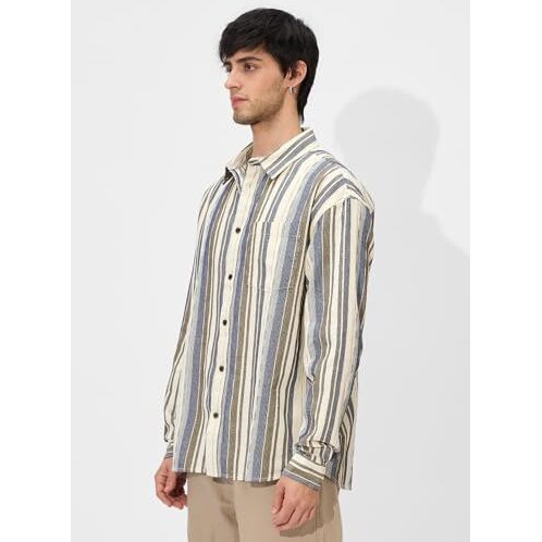 The Souled Store Stripes Cream, Blue Men And Boys Long Sleeves Collared Neck Button Front Regular Fit Textured Shirts
