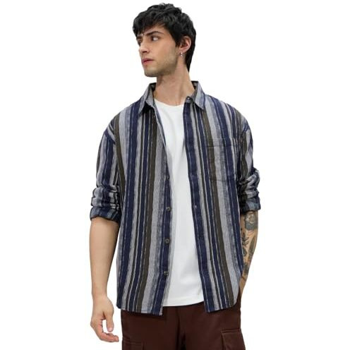 The Souled Store Stripes Blue, Brown Men And Boys Long Sleeves Collared Neck Button Front Regular Fit Cotton Shirts