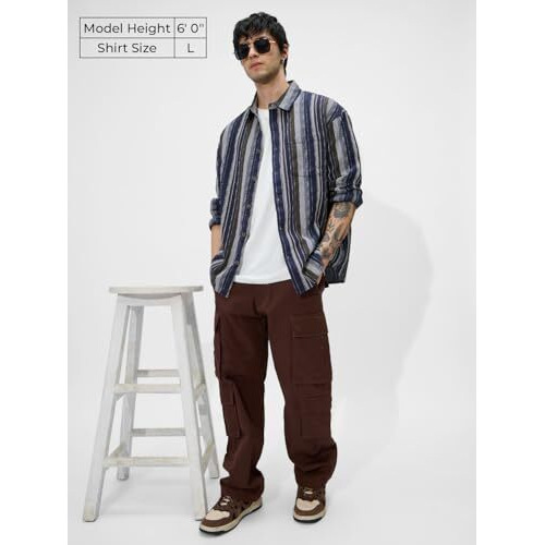 The Souled Store Stripes Blue, Brown Men And Boys Long Sleeves Collared Neck Button Front Regular Fit Cotton Shirts