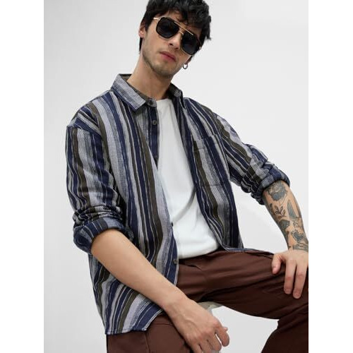 The Souled Store Stripes Blue, Brown Men And Boys Long Sleeves Collared Neck Button Front Regular Fit Cotton Shirts