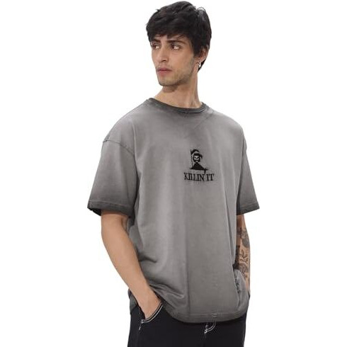 The Souled Store Killin' It Men And Boys Short Sleeves Round Neck Grey Embroidered Cotton Oversized T-Shirts