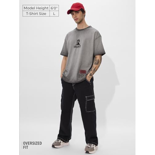 The Souled Store Killin' It Men And Boys Short Sleeves Round Neck Grey Embroidered Cotton Oversized T-Shirts