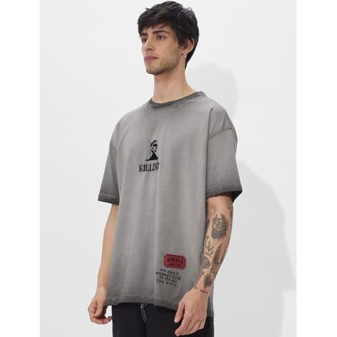 The Souled Store Killin' It Men And Boys Short Sleeves Round Neck Grey Embroidered Cotton Oversized T-Shirts