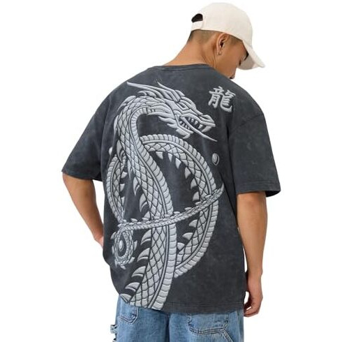 The Souled Store Official House Of Dragon Originals Logo Oversized T-Shirt For Men Boys Cotton Casual Half Sleeves Baggy Loose Fit Drop Shoulder Round Neck Grey