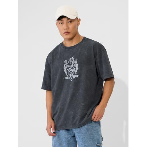 The Souled Store Official House Of Dragon Originals Logo Oversized T-Shirt For Men Boys Cotton Casual Half Sleeves Baggy Loose Fit Drop Shoulder Round Neck Grey