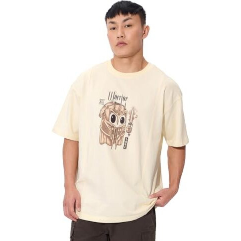 The Souled Store Warrior Soul Men And Boys Short Sleeves Round Neck Yellow Graphic Printed Cotton Oversized T-Shirts