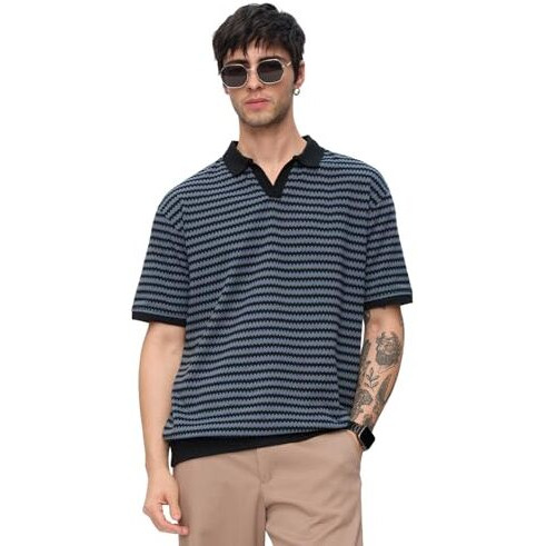 The Souled Store Jacquard Polo Twilight Men And Boys Short Sleeves Collared Neck Striped Cotton Oversized Polos