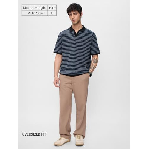 The Souled Store Jacquard Polo Twilight Men And Boys Short Sleeves Collared Neck Striped Cotton Oversized Polos