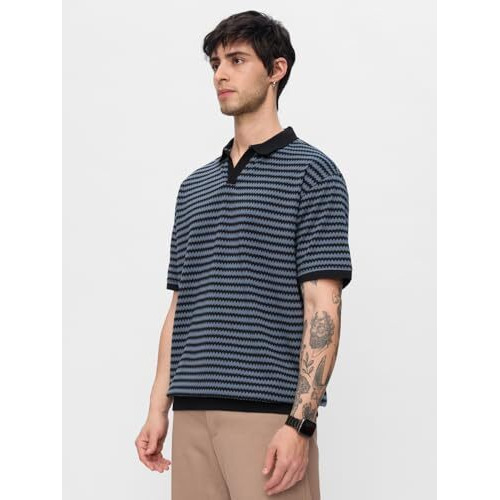 The Souled Store Jacquard Polo Twilight Men And Boys Short Sleeves Collared Neck Striped Cotton Oversized Polos