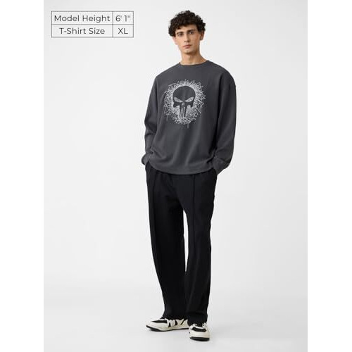 The Souled Store Punisher Chaos Men And Boys Round Neck Grey Embroidered Cotton Oversized Full Sleeve T-Shirts