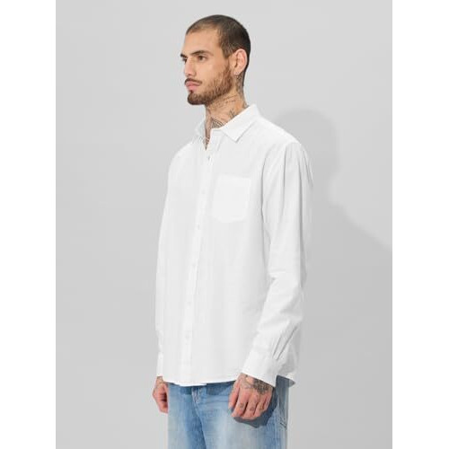 The Souled Store Solids Pearl White Men And Boys Collared Neck Long Sleeve Button Front Regular Fit Cotton Linen Shirts Solid Shirts Casual Button-Down Full Sleeve Casual Workwear Fashionable Stylish