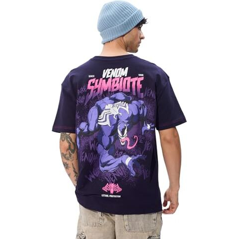 The Souled Store Official Marvel Venom Symbiote Oversized T-Shirt For Men Boys Cotton Casual Half Sleeves Baggy Loose Fit Drop Shoulder Round Neck Navy Blue