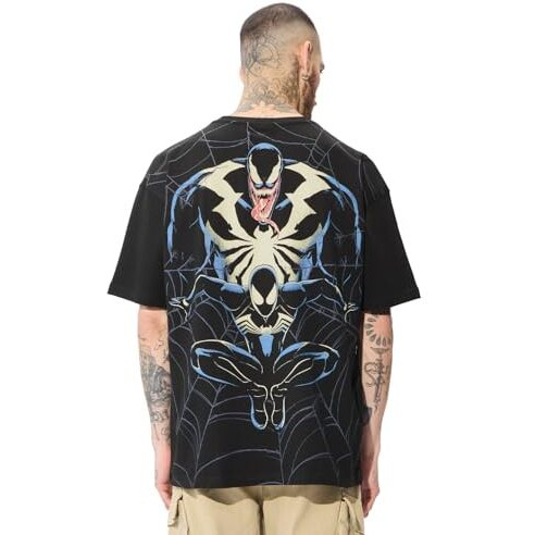 The Souled Store Official Marvel Spider X Venom Oversized T-Shirt For Men Boys Cotton Casual Half Sleeves Baggy Loose Fit Drop Shoulder Round Neck Black