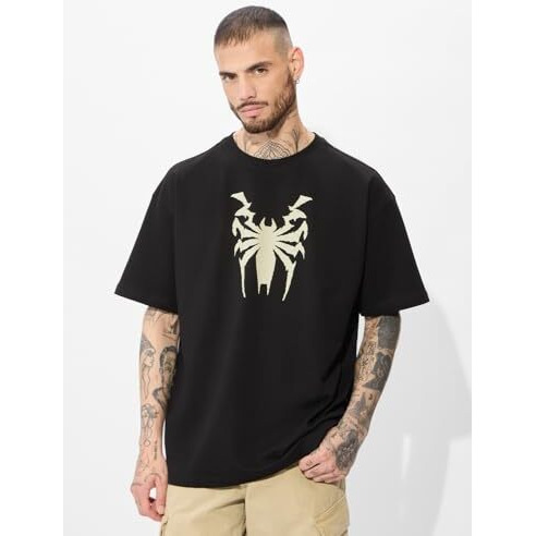 The Souled Store Official Marvel Spider X Venom Oversized T-Shirt For Men Boys Cotton Casual Half Sleeves Baggy Loose Fit Drop Shoulder Round Neck Black
