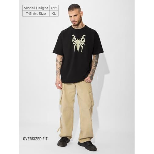 The Souled Store Official Marvel Spider X Venom Oversized T-Shirt For Men Boys Cotton Casual Half Sleeves Baggy Loose Fit Drop Shoulder Round Neck Black