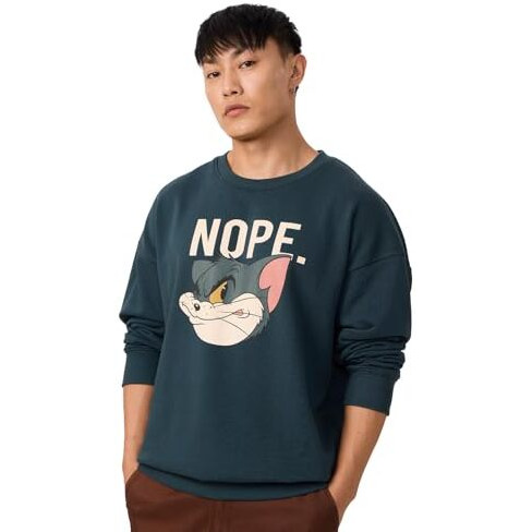 The Souled Store Official Tom & Jerry  Nope Men And Boys Long Sleeves Round Neck Cotton Blend Oversized Sweatshirts Blue